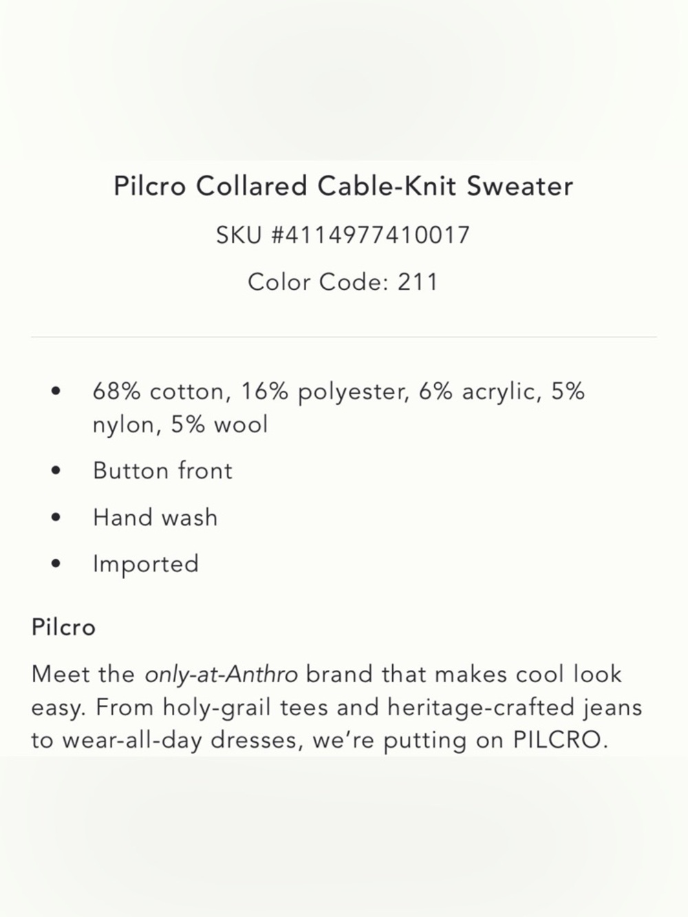 Anthropologie Pilcro Collared Cable-Knit Sweater Penguin NEW - Picture 5 of 6